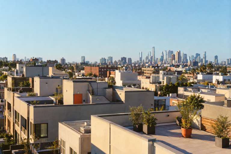 Modern city rooftops in late-afternoon light