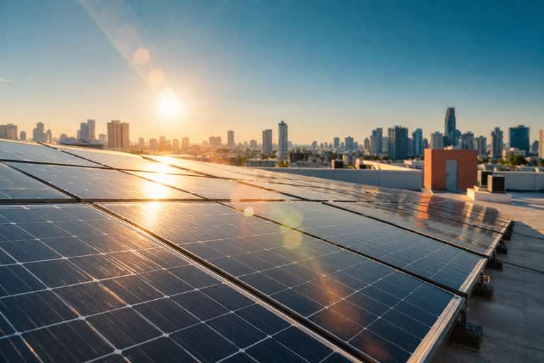 Solar panels on a city rooftop at sunset